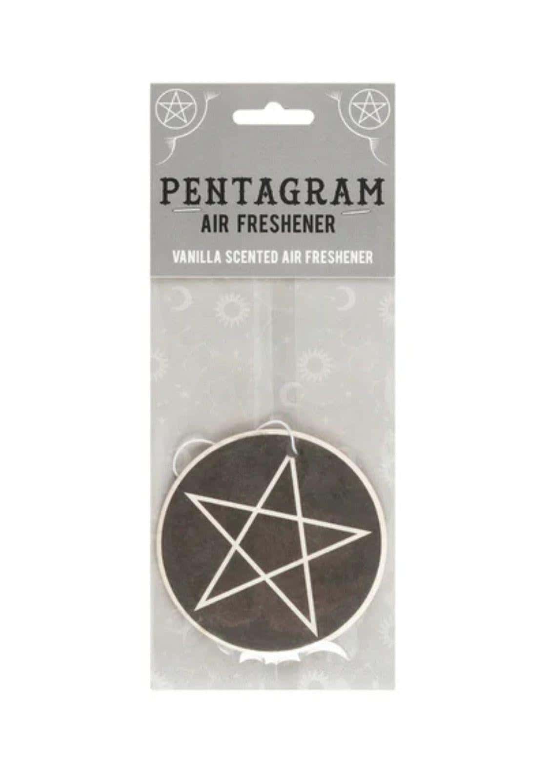 Schwarzer pentagramm vanille lufterfrischer mit weißer kontur in transparenter plastikverpackung für alternative wohnkultur